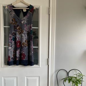 Maeve multi-colored assymetrical dress. Super flattering fitted top, A-line sz S
